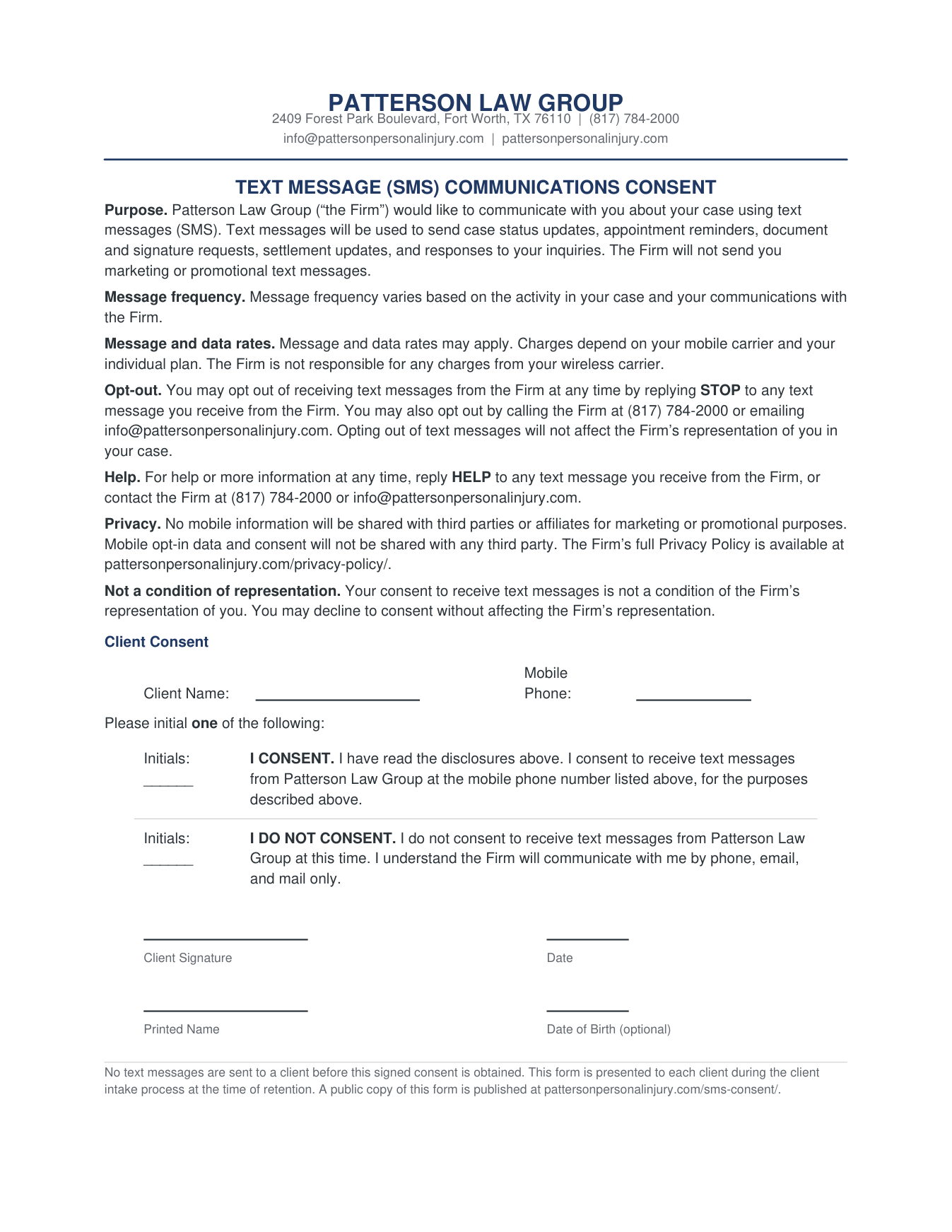 Patterson Law Group Text Message (SMS) Communications Consent form