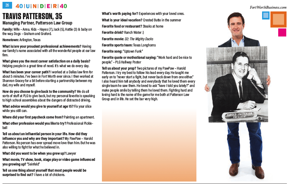 Travis Patterson's 40 Under 40 Profile in Fort Worth Business Press