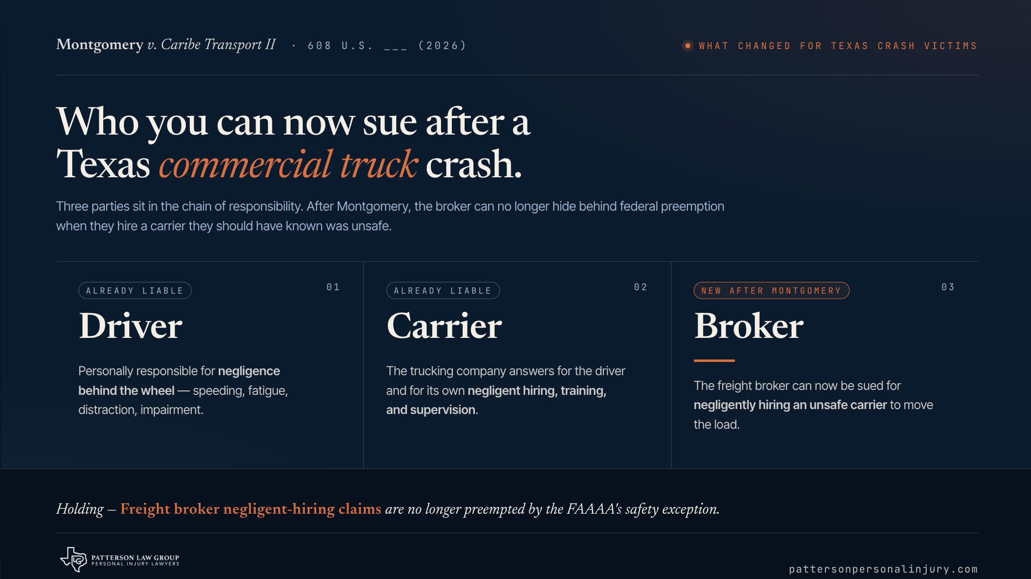 Freight broker negligent hiring liability chain after Montgomery v. Caribe Transport